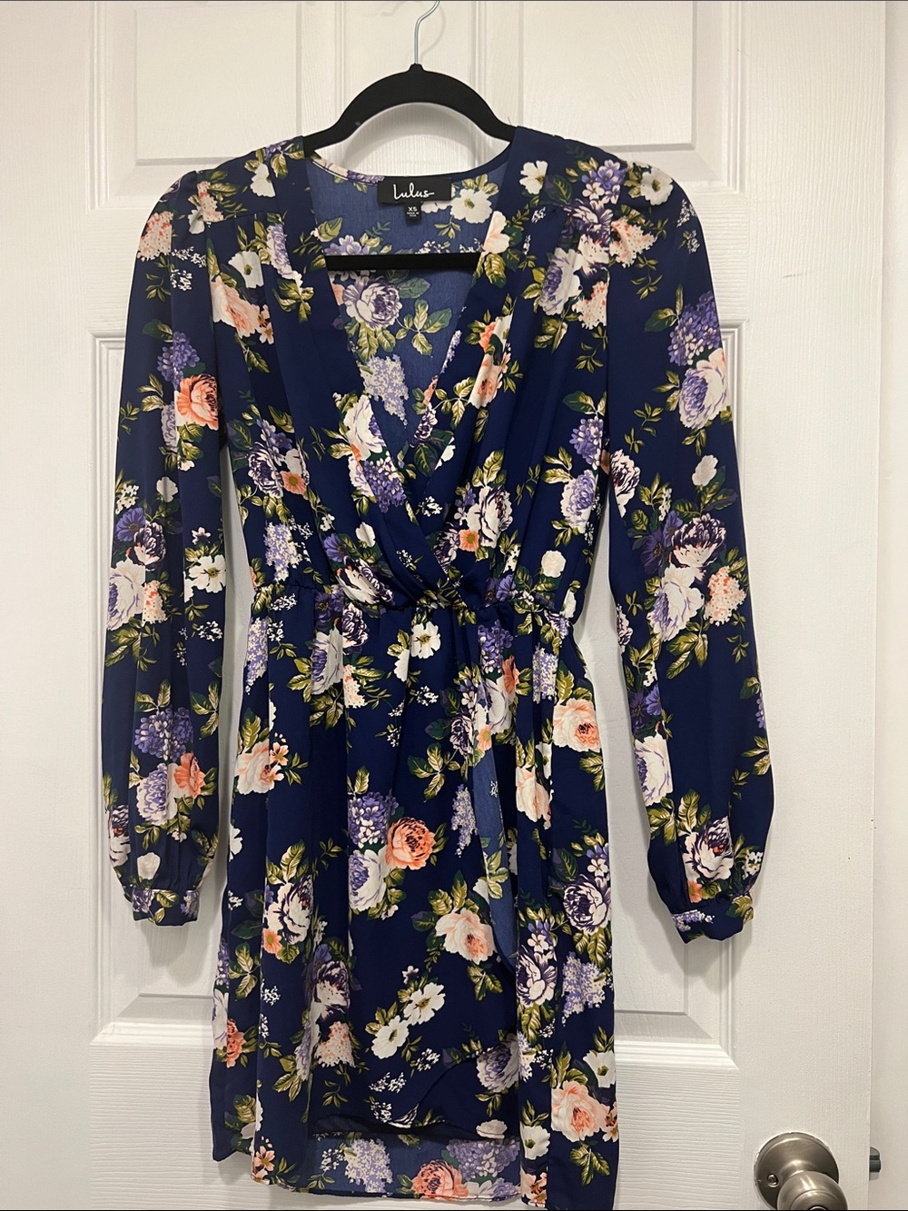 Lulu's Navy Floral Tie-Waist Long Sleeve Dress